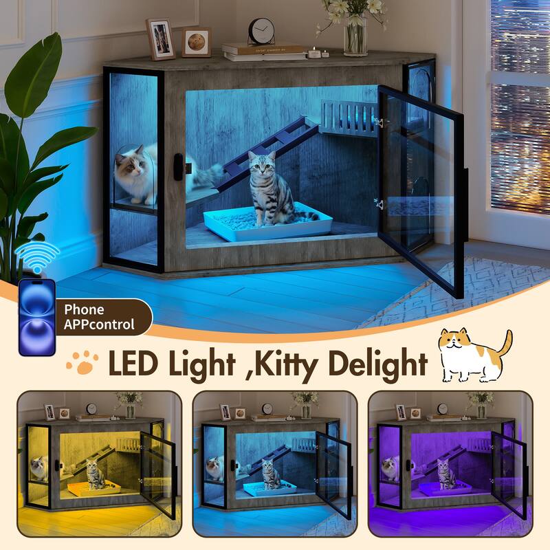 48" Corner Cat Litter Box Enclosure, Modern Hidden Litter Box Corner Cabinet with Acrylic Door and LED Light