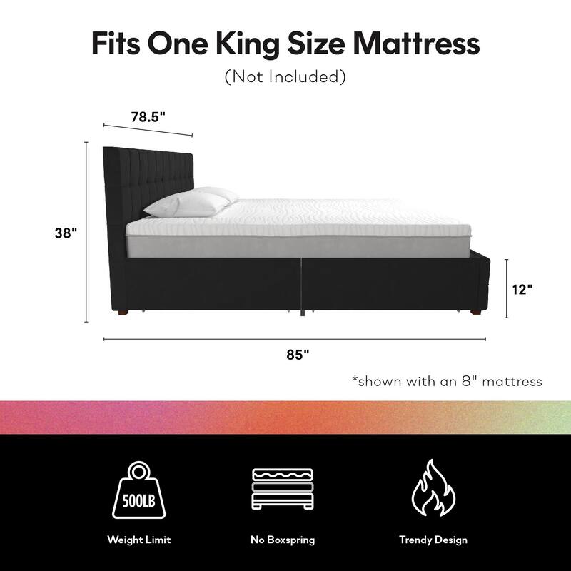 Roomfitters King Velvet Upholstered Bed Frame with Storage Drawers and Square Tufted Headboard, Black