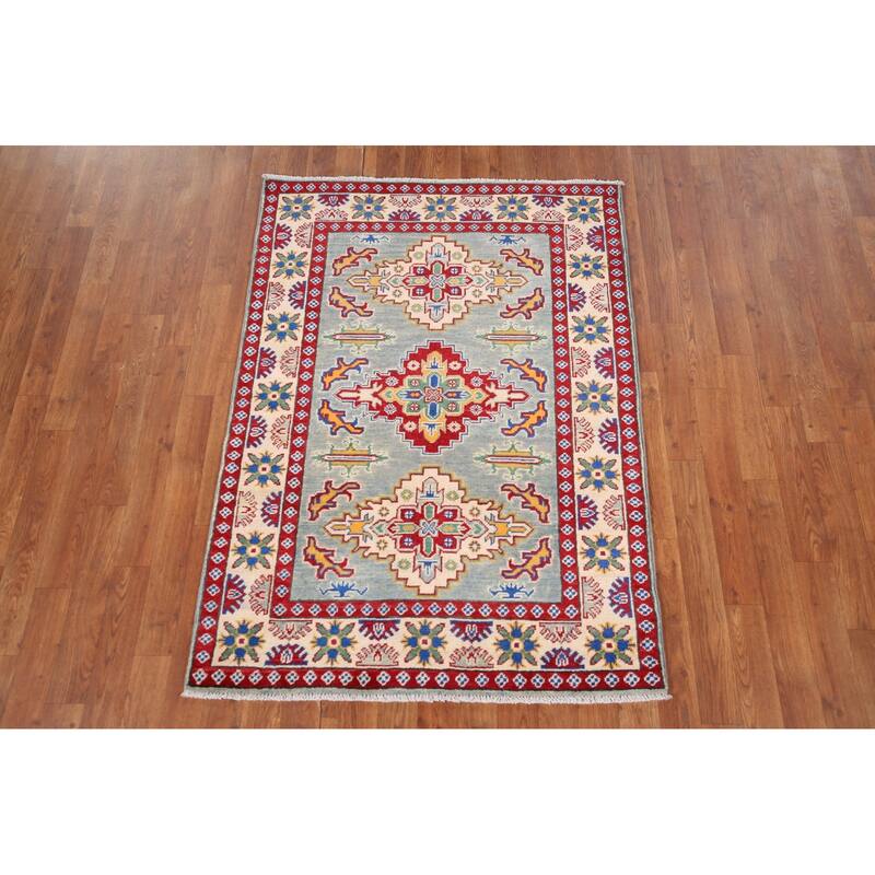 Geometric Kazak Foyer Rug Hand-Knotted Blue Wool Carpet - 3'4" x 4'9"