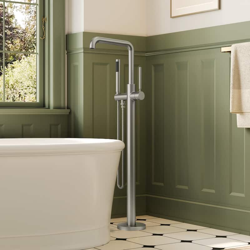 Freestanding Tub Faucet with Hand Shower,Modern Floor-Mount Bathtub Faucet - White