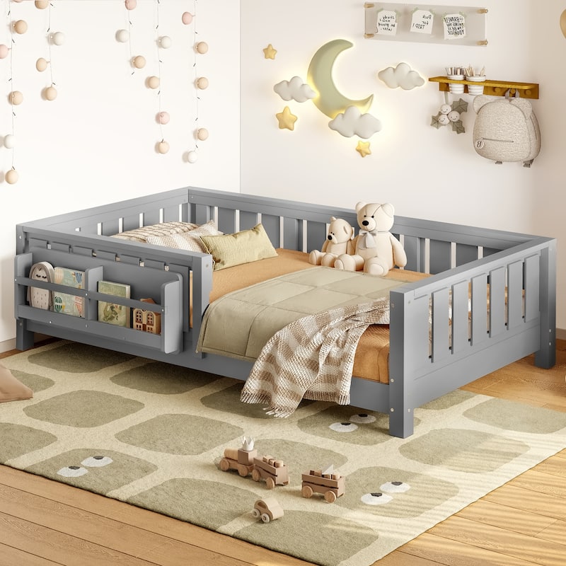 Low Profile Montessori Bed Floor Platform Bed with Fence and Bookshelf - Grey - Twin