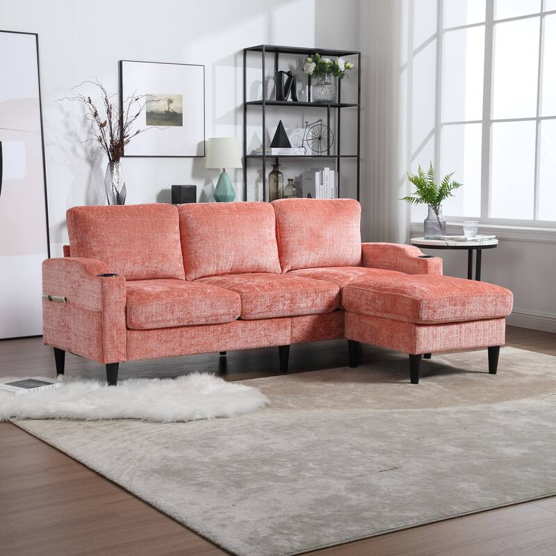 Modular Sectional Sofa with Storage Ottoman, Comfy Chenille Fabric Sofa, 3-Seater Sofa with Side Pockets & 2 Cup Holders