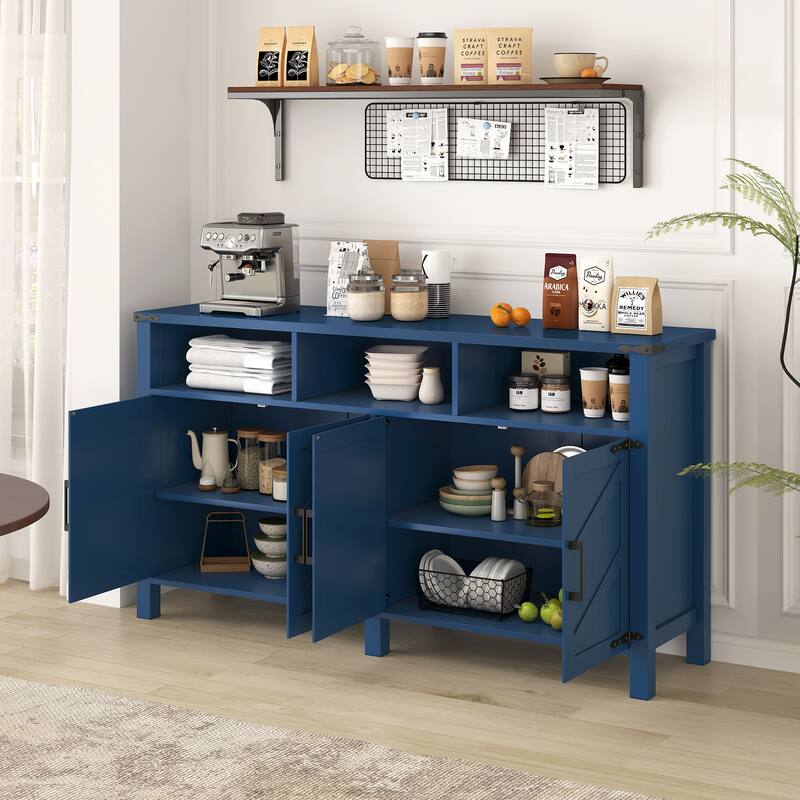4-Door Wooden Sideboard, Buffet Cabinet with Power Outlets & USB Ports, Storage Cabinet with Adjustable Shelves & Open Shelves - Navy Blue