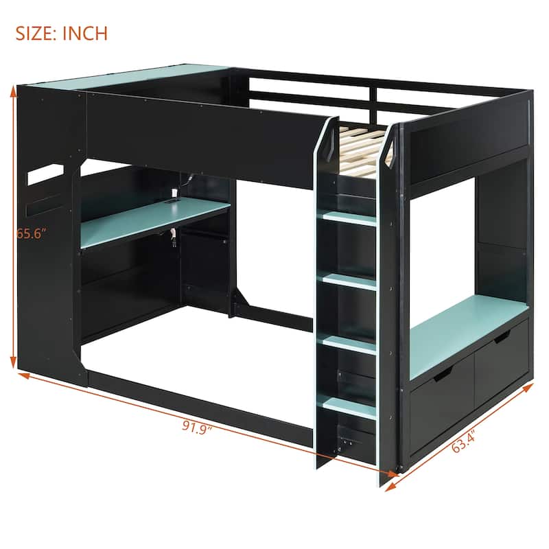 Full Size Wood Loft Bed with Adjustable Desk, Drawers, Storage Shelves, Hanging Rod and RGB LED Lights