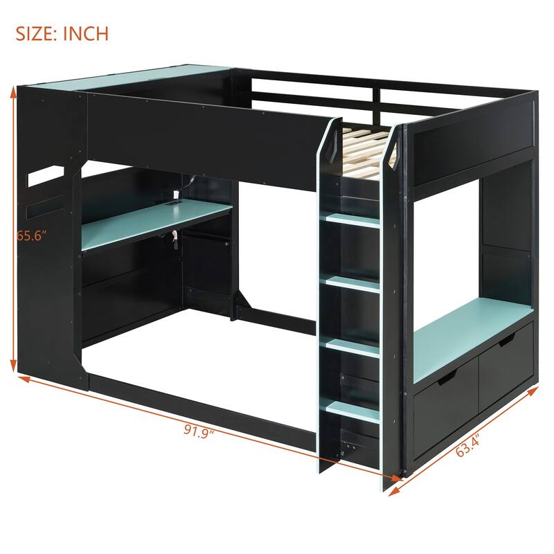 Full Size Wood Loft Bed with Height-adjustable Desk, Drawers,Storage Compartments, Hanging Rod and RGB Lights