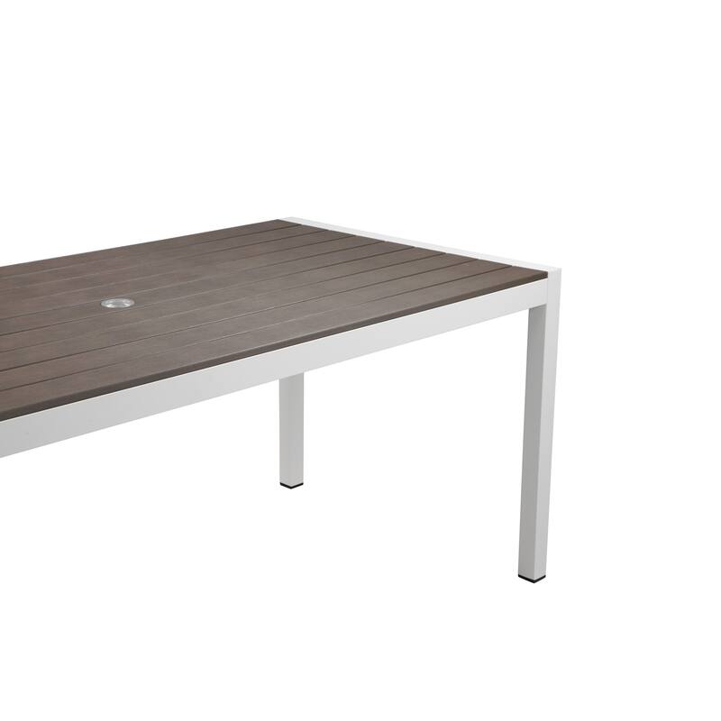 Fifi 71 Inch Outdoor Dining Table, Gray Polyresin Top, White Aluminum Frame