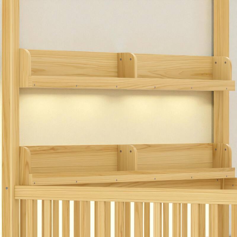 Twin/Full Size Montessori Floor Bed with Canopy and Guardrails, Solid Wood Kids Bed Frame with Shelves, No Box Spring Needed