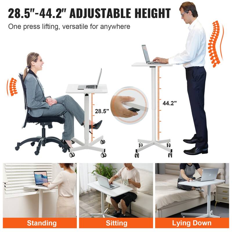 White Steel Mobile Standing Desk, Height Adjustable, Rolling and 44 lbs Load Capacity
