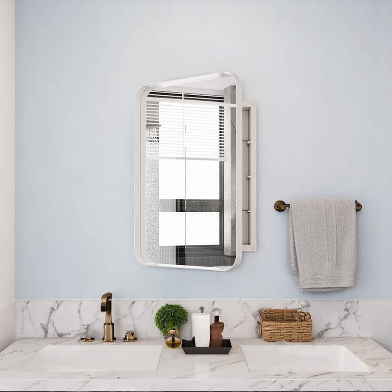 Metal Framed Medicine Cabinet 16"x24" with Mirror and Tempered Glass Shelves, Recessed or Wall Mount - White