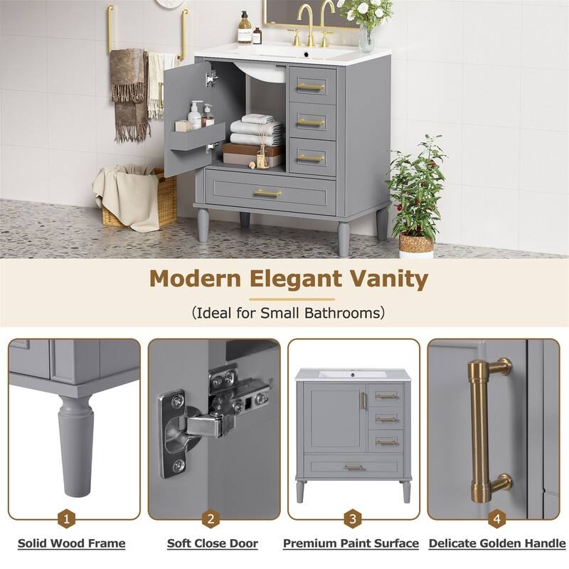 Traditional 30" Bathroom Vanity with Ceramic Sink, Freestanding Bathroom Vanity Cabinet with 3 Drawers and 1 Soft Close Door