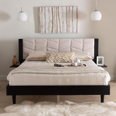 Adriano Transitional Beige Fabric and Black Wood Queen Size Bed with Built-In Side Tables