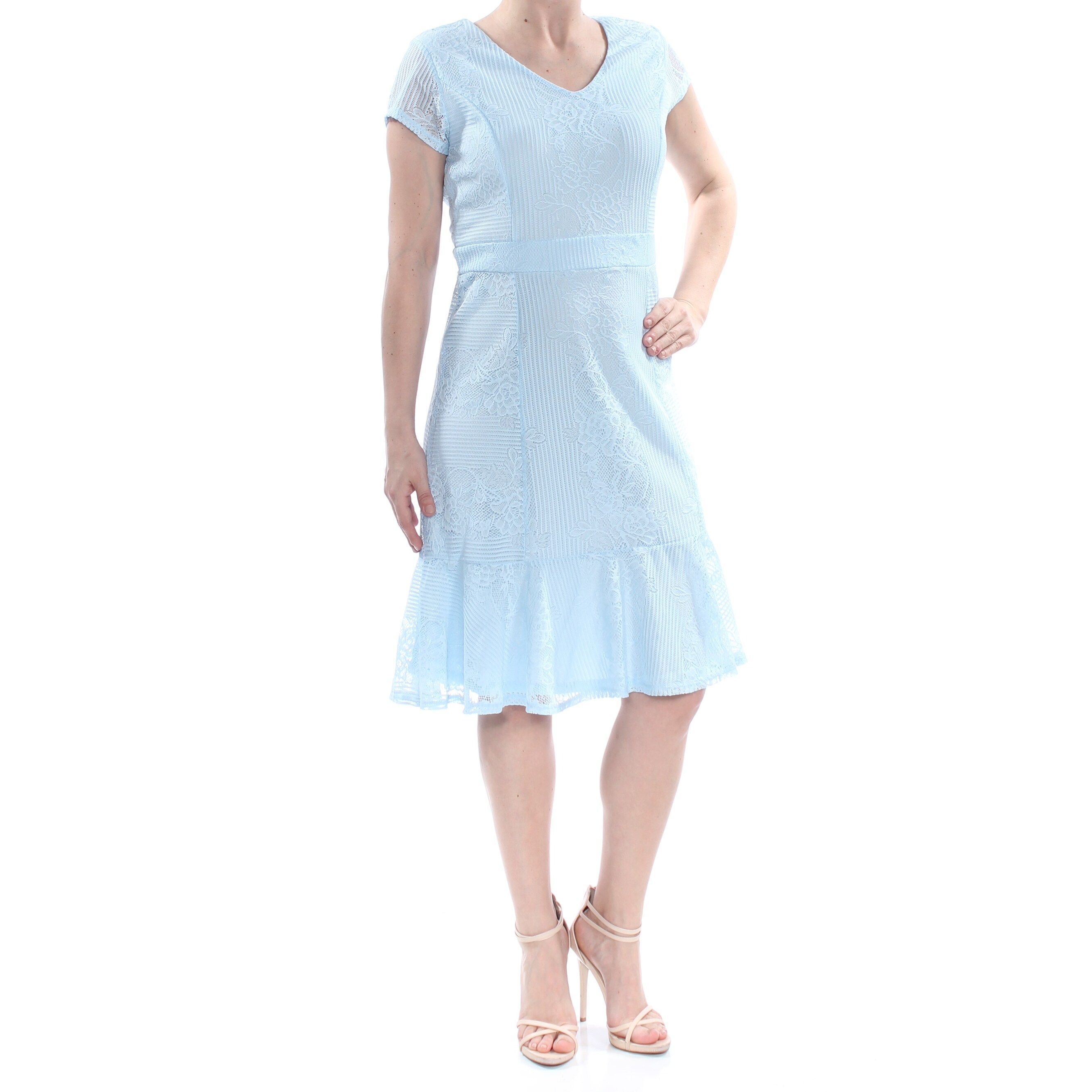 Shop Ny Collection Womens Light Blue Flounce Hem Lace Short Sleeve