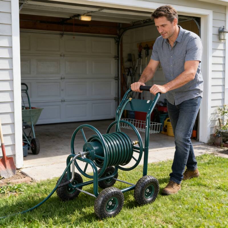 Anmytek Heavy Duty Four Wheel Garden Hose Reel Cart with Large Capacity Steel Reel, Powder Coated Rust Resistant Frame