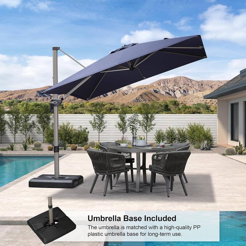 PURPLE LEAF Elegant Champagne-Gold Patio Cantilever Umbrella Adjustable Offset Umbrella With Base - 9ft Navy Blue