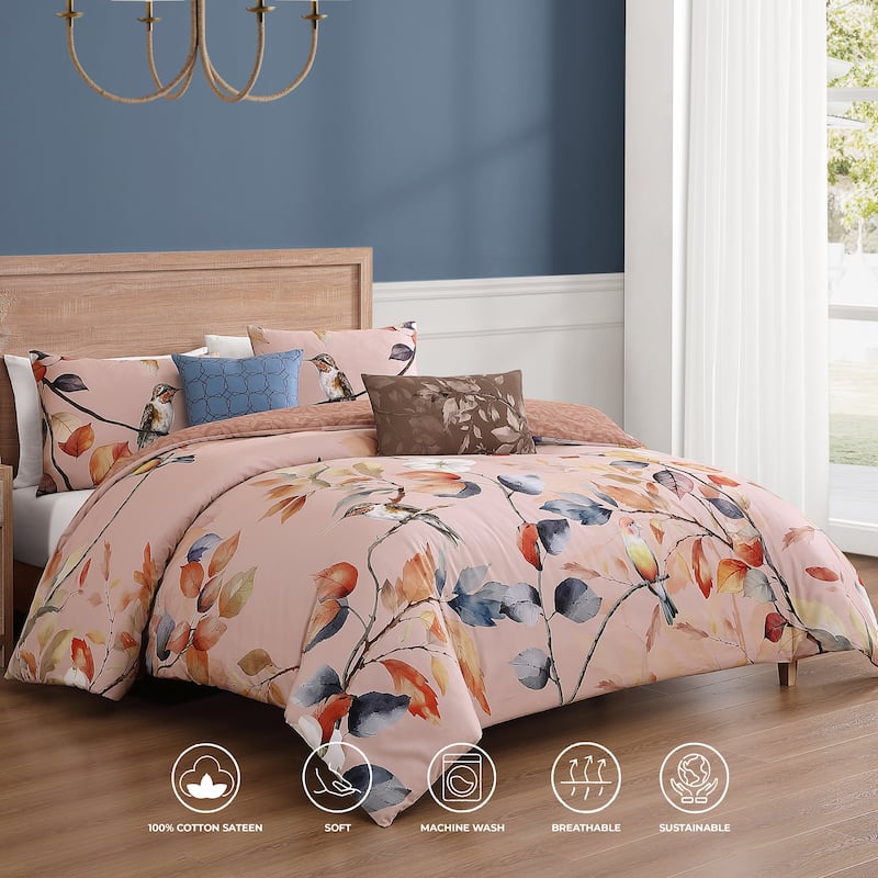 Bebejan Peachy Dogwood 100% Cotton Sateen 5 Piece Reversible Comforter Set
