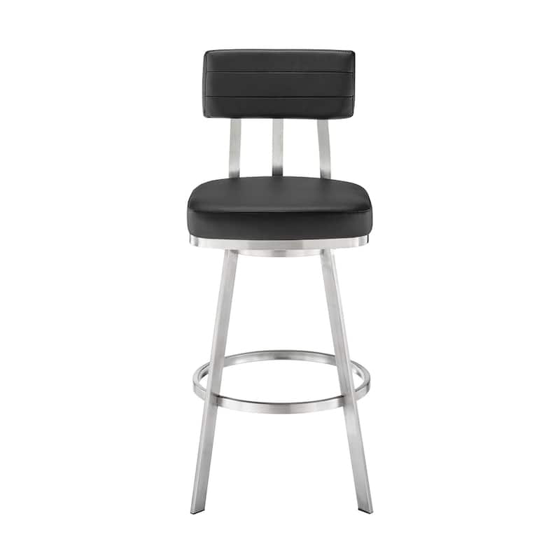 Poni 30 Inch Swivel Barstool Chair, Cushioned Seating, Black Faux Leather