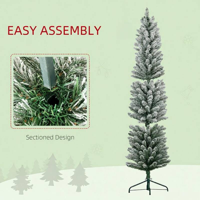 Snow Flocked Pencil Artificial Tree - Metal Base, Holiday Decor - Green