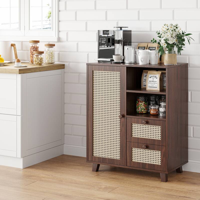 Rattan Buffet Cabinet with Adjustable Shelf, Sideboard with Drawers for Living Room, Kitchen, Entryway