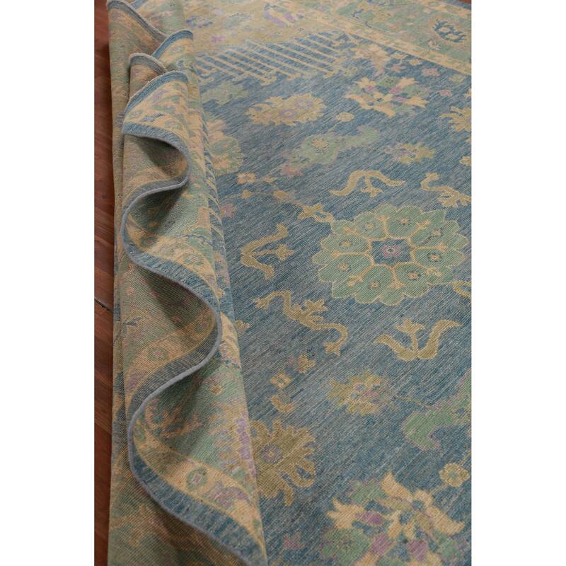 Hand Knotted Oriental 100% Wool Carpet Transitional Floral Navy Blue & Blues Oushak Area Rug - 11' 11'' X 8' 11''
