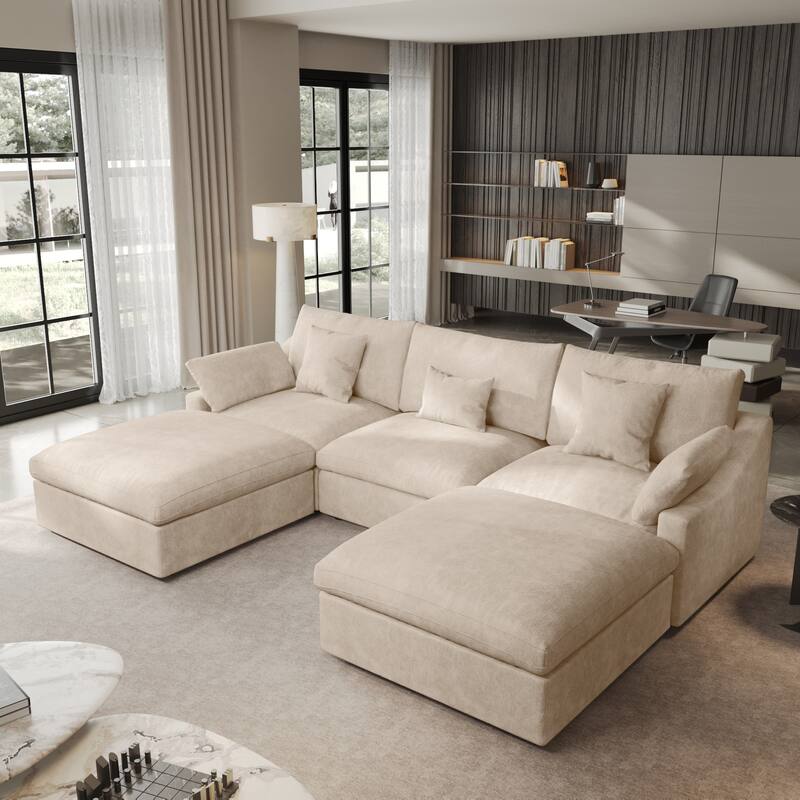 Classic Modern Linen Sectional Modular Sofa 3-Seater with 2 Ottomans, U-shaped Down Filled Cloud Couch with Cushions - Khaki
