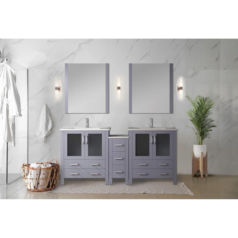 Volez Double Bath Vanity with Side Cabinet, Faucet Set, White Ceramic Top and Mirrors