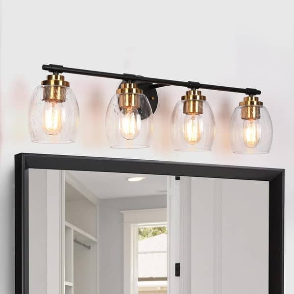 slide 2 of 9, Fintch Modern Farmhouse 4-light Bathroom Vanity Light Fixture Industrial Black Gold Wall Sconce 4-light