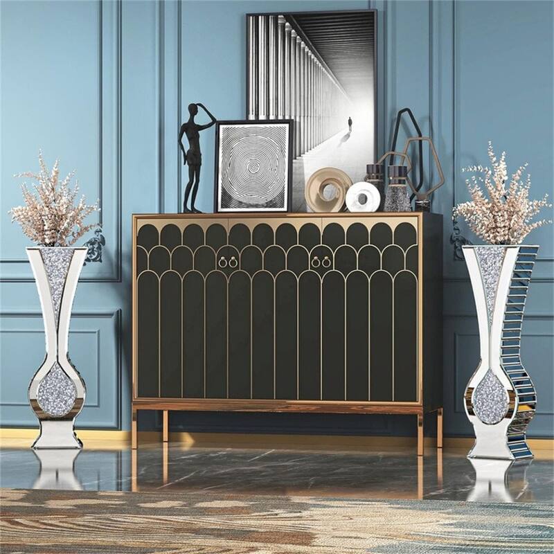 27" Tall Silver Mirrored Floor Vase Glam Crushed Diamond Vases