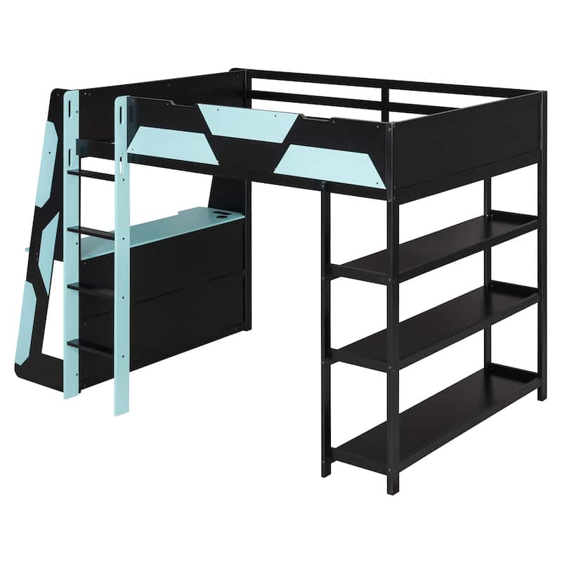 Full Size Gaming Loft Bed Station with Desk, Storage Shelves & RGB LED Lights