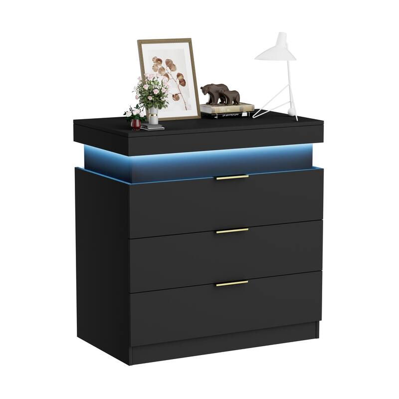 LED Lights Nightstand with Charging Station, Smart Wooden Nightstand, Storage Cabinet with Sliding Top & 3 Drawers