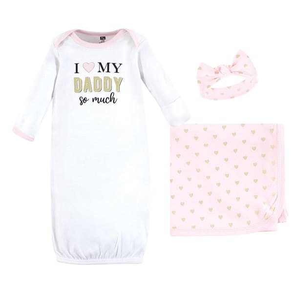 slide 1 of 1, Hudson Baby Infant Girl Gown, Swaddle Blanket and Cap or Headband, Daddy Hearts, 0-6 Months - Daddy Hearts 0-6 Months - Daddy Hearts