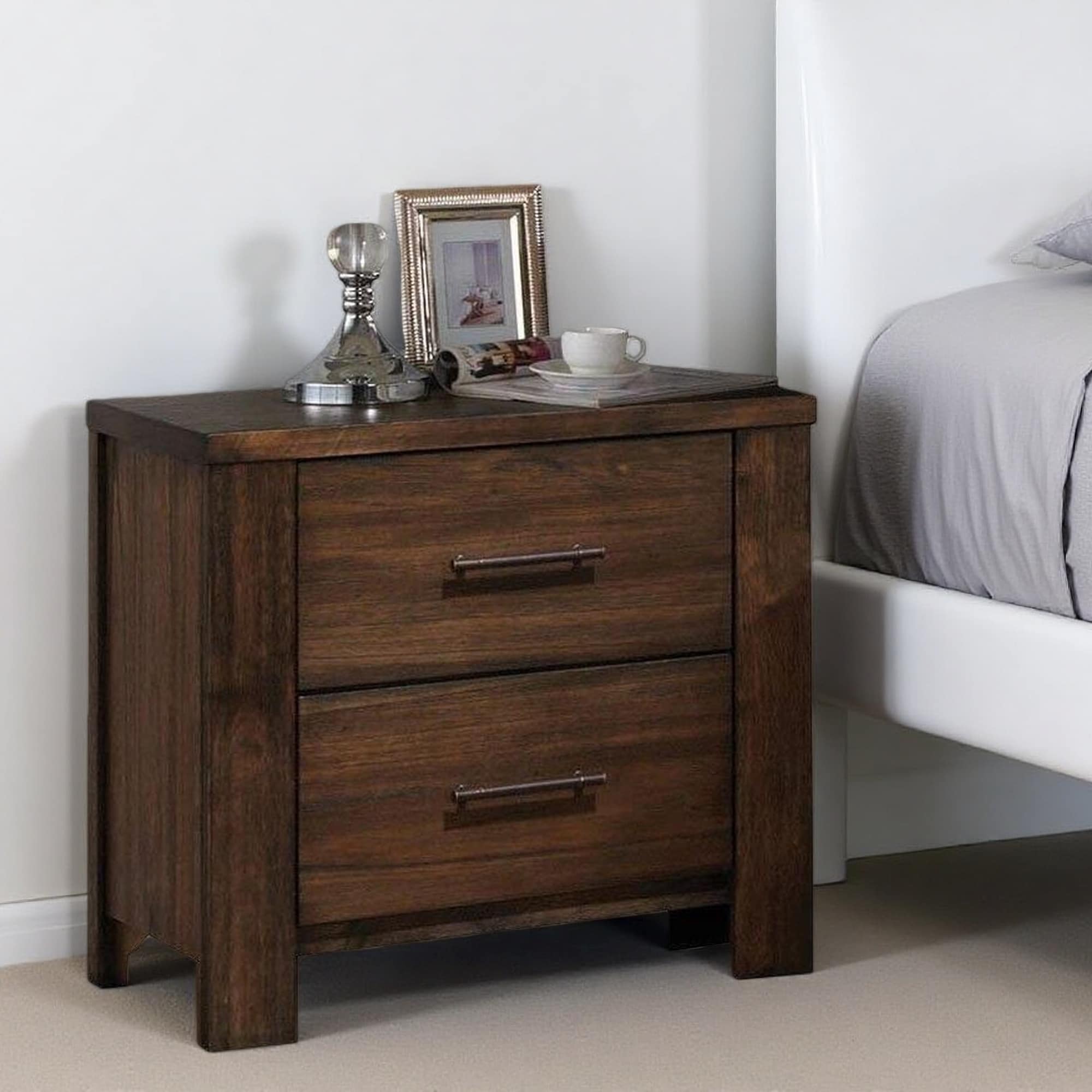 26"L Oak Wooden Nightstand with 2 Drawers, Center Metal Glides, Antique Brass Handles, Bedroom Furniture, No Assembly Required