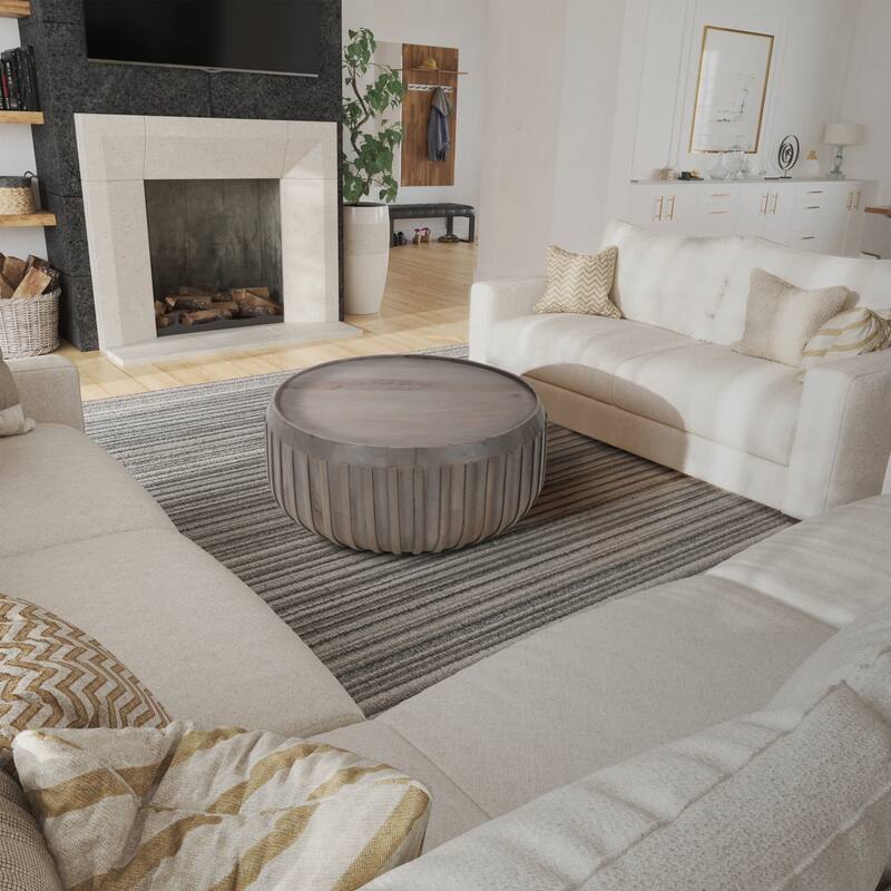 Alisha 36 Inch Coffee Table, Handcrafted Drum Shape with Ribbed Edges, Gray Mango Wood