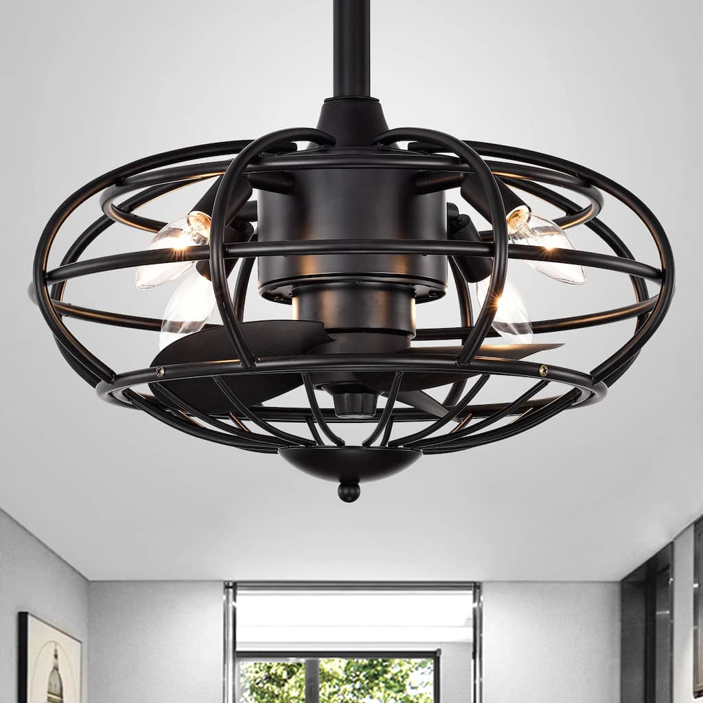 Monti Matte Black 18-Inch 3-Blade Ceiling Fan with Caged Metal Frame (Includes Remote)
