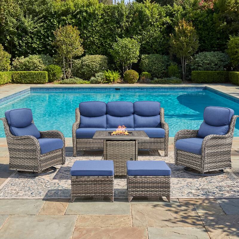 Pocassy Outdoor Propane Fire Pit Table with Sofa Swivel Chair Funiture Set. - Gray Wicker Blue Cushion - 6-Piece Sofa Swivel Chair Ottoman w/ Fie Table