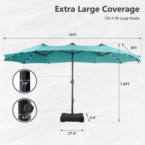 dimension image slide 4 of 15, MAISON ARTS 15-foot Rectangular Crank Double-sided Outdoor Market Umbrella Solar LED Lighted Patio Umbrella with Base Included