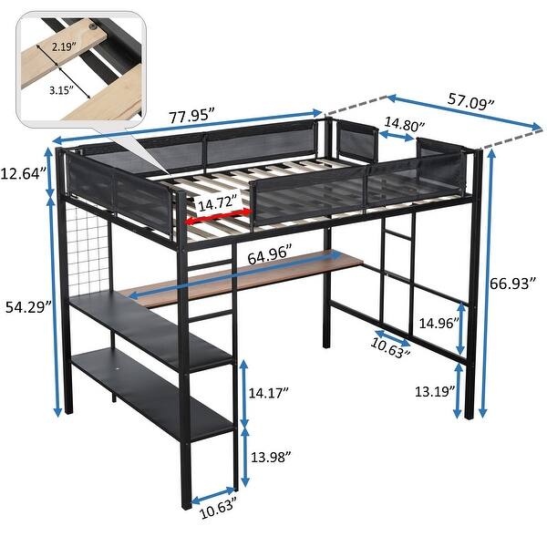 Black Full Size Metal Stell Loft Bed with Desk, Shelves, Noise-free Wood Slats and Comfortable Textilene Guardrail