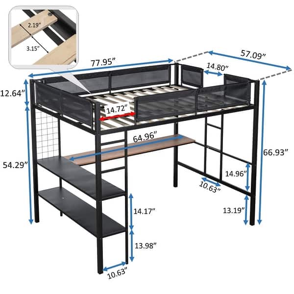Metal Full Size Loft Bed with Wood Slat,Built-in Desk,2-tier Shelves