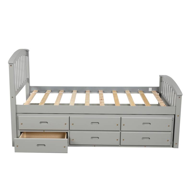 Twin Size Platform Captains Storage Bed Solid Wood Daybed with 6 Drawers Bookcase Bed Low Profile Bed Panel Bed
