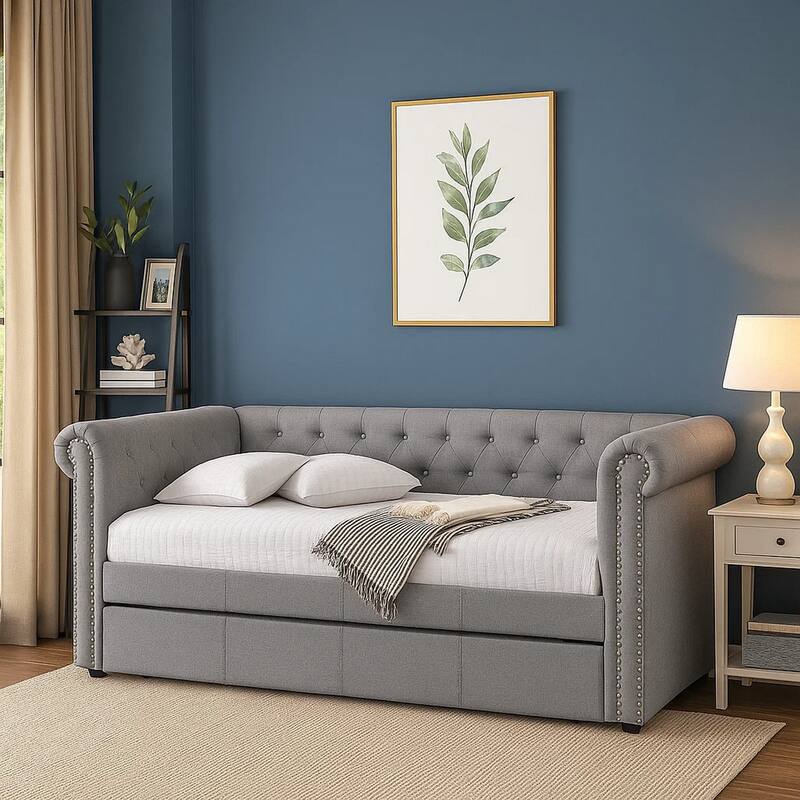Chesterfield Twin Size Daybed with Attached Trundle and Nailhead Trims,Gray