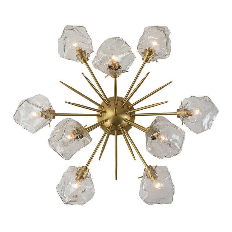 9-Light Sunburst Clear Glass Ice Shade Semi Flush Mount Brushed Brass