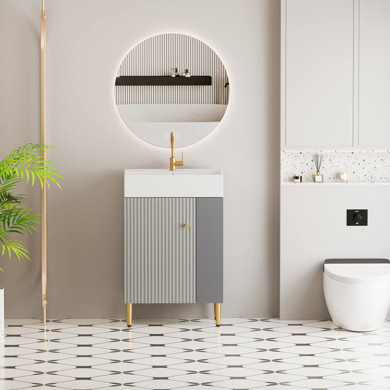 30" Bathroom Vanity with Sink, Wall-Mounted Floating Curved Edges Striped Bathroom Storage Cabinet with Drawer, Ceramic Basin - Natural Wood,White