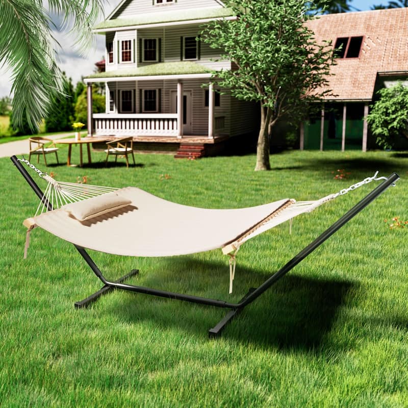VEIKOUS 12 ft. Quilted Camping Portable Hammock with Stand and Detachable Pillow for 2-Person - White