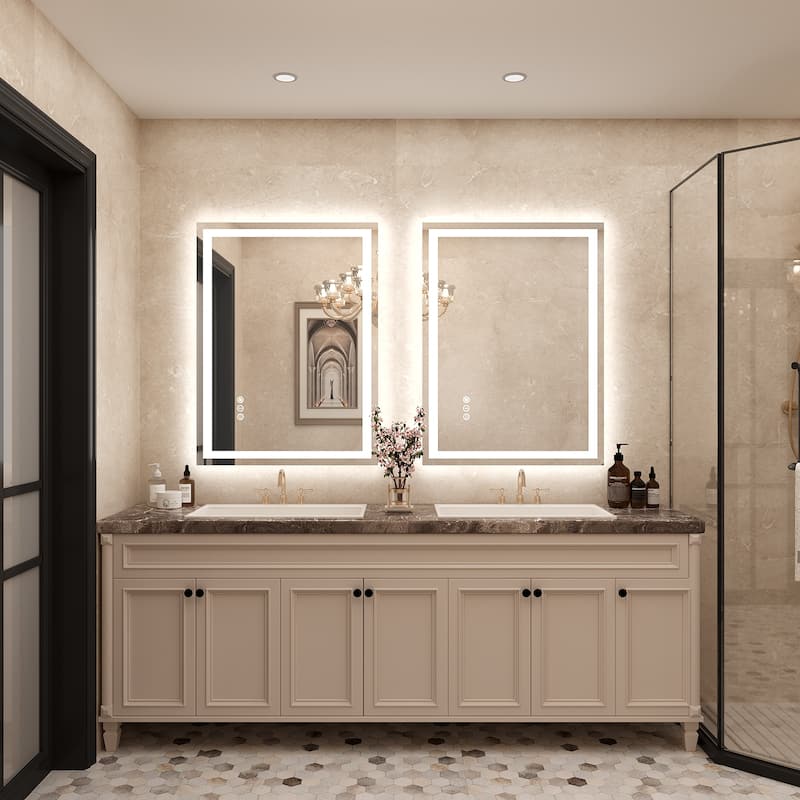 Frameless LED Front Light and Backlit 3 Colors Dimmable Anti-Fog Wall Bathroom Vanity Mirror