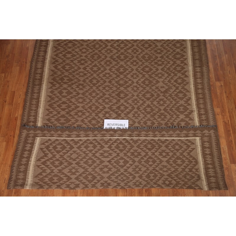 Brown Geometric Kilim Oriental Area Rug Hand-woven Wool Carpet - 7'3" x 9'9"