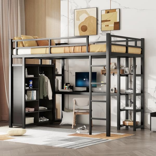slide 2 of 6, Metal Full Size Loft Bed with Built-in Desk, Storage Shelves and Wardrobe Black