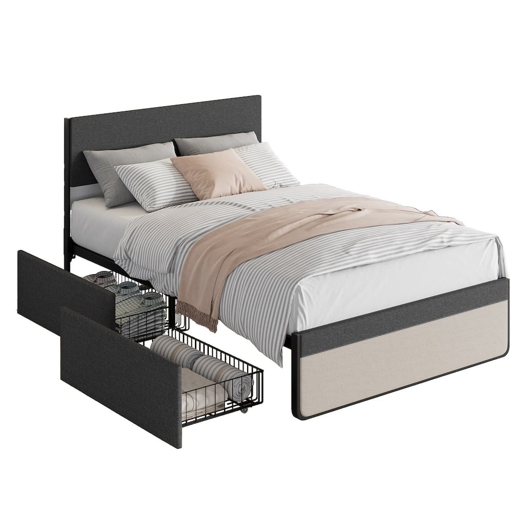 Bed Frame Platform 2 Storage Drawers and Headboard, No Box Spring Needed