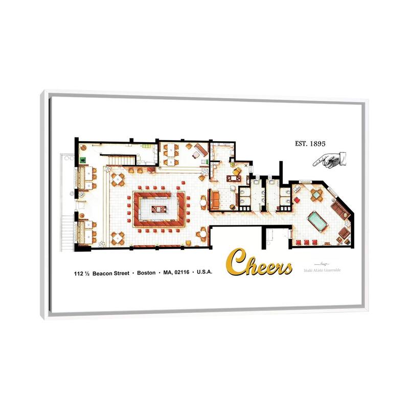 iCanvas "The Bar From Cheers" by TV Floorplans & More Framed Canvas Print - White - 32x48