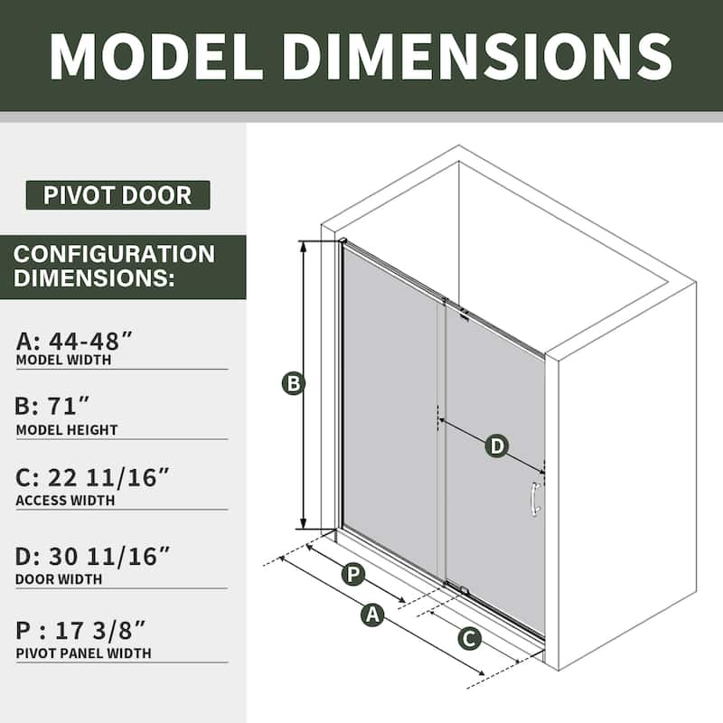 48" Wx71" H Frameless Pivot Shower Door with Clear Tempered Glass, Adjustable Width
