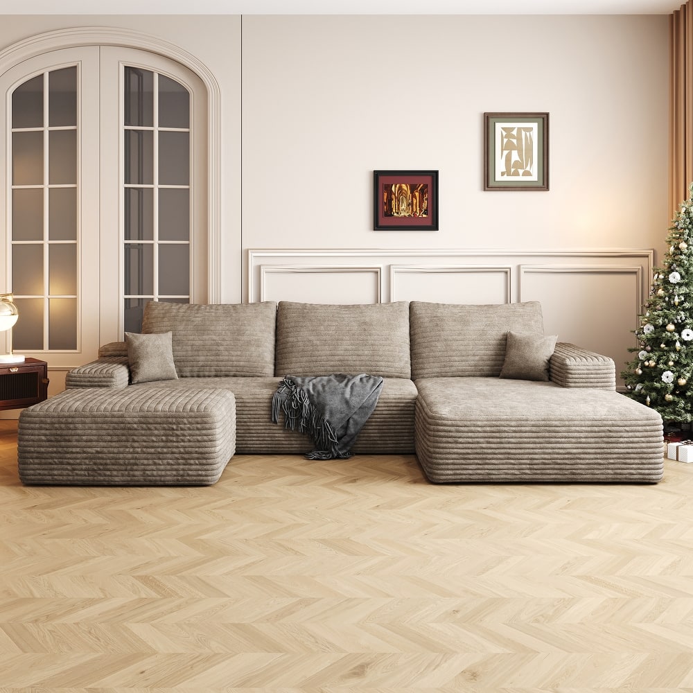 Modern Corduroy Compression Chaise Couch, U-shaped Sectional Sofa with Ottoman and Pillows Backrest for Living Room
