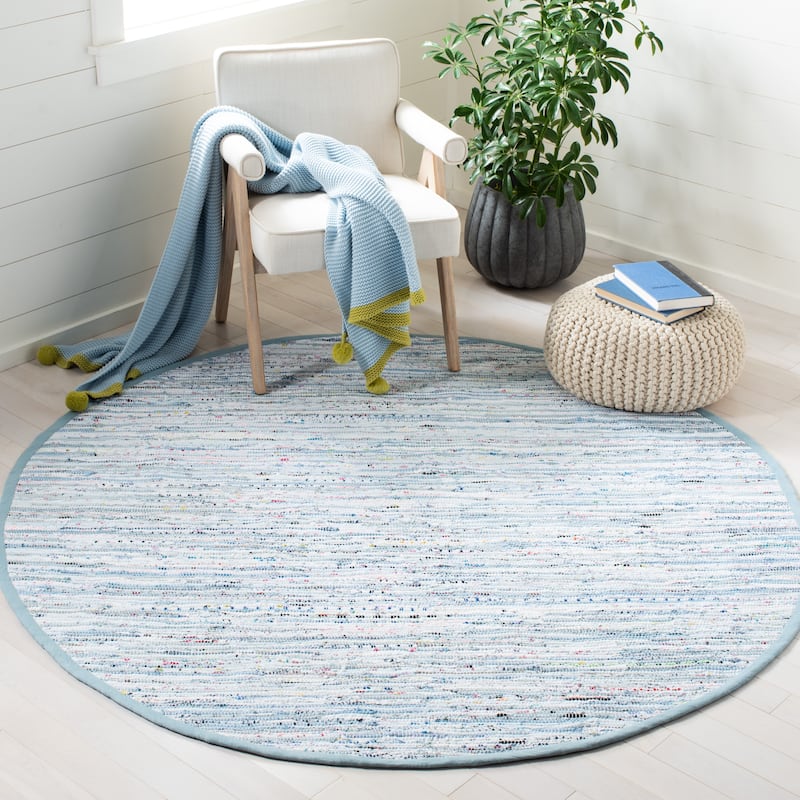 SAFAVIEH Handmade Rag Rug Litzy Stripe Cotton Rug - 6' Round - Light Blue/Multi